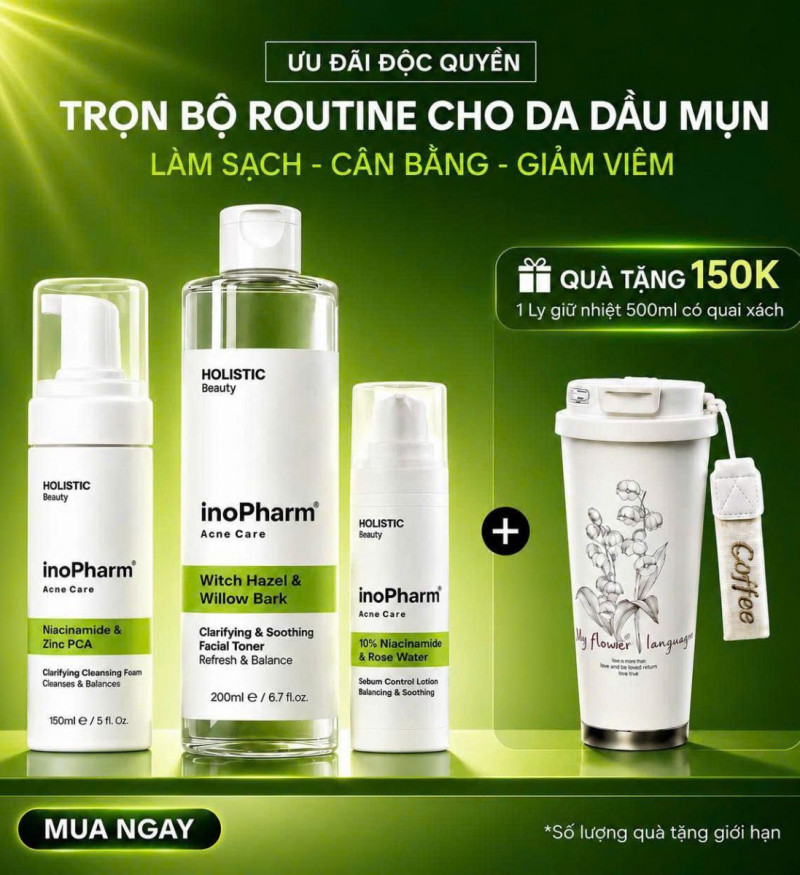 Bộ 3 sản phẩm làm sạch, cân bằng & giảm viêm dành cho da dầu mụn Inopharm Acne Care